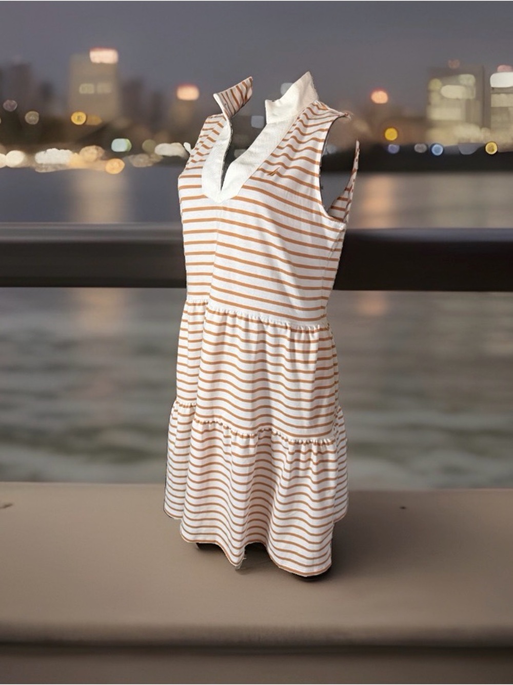 Nautical size M Sleeveless White and Tan Striped Tiered Dress